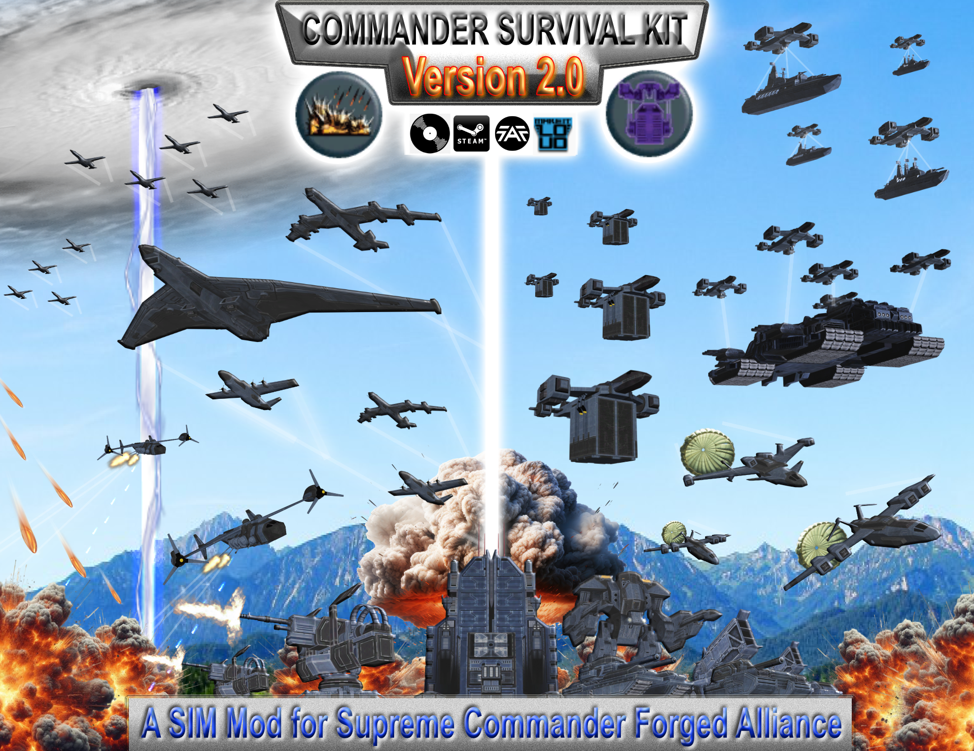A graphic art piece advertising the Commander Survival Kit 2.0 mod.